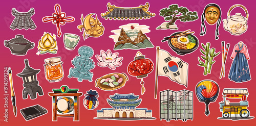 Korean culture icons set with hanbok dress, traditional gate, pagoda, taegukgi flag, temple roof, kimchi bowl, lantern and street food cart. Korean symbols collection in colorful sticker style, vector