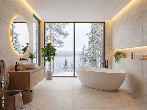 A modern, minimalist Scandinavian interior design featuring large-format porcelain tiles and marble. Beautiful lighting and large floor-to-ceiling windows.