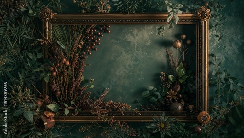 Decorative Frame With Natural Elements and Green Background in an Indoor Setting