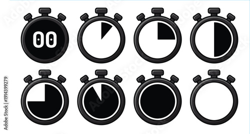 Set of eight black and white stopwatch timer icons displaying various time intervals