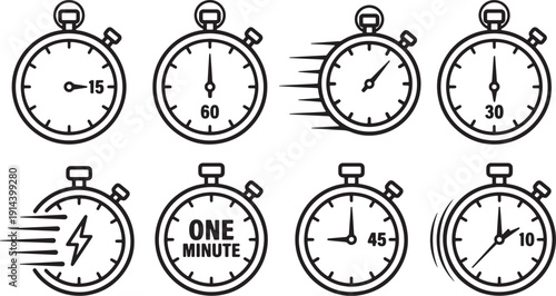 Collection of Stopwatch Line Icons Illustrating Time, Speed, and Countdown Concepts