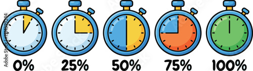 Cartoon Stopwatches Illustrating Time Progress and Percentage Completion on White Background