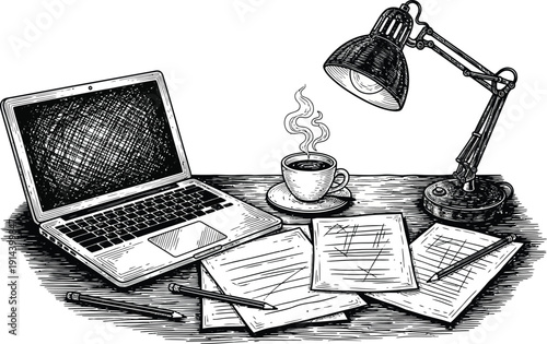 Detailed vector sketch of a cluttered wooden desk with an open laptop, steaming coffee cup, scattered documents, pencils, and a vintage metal desk lamp, isolated on transparent background.