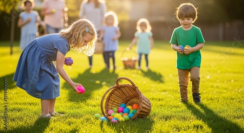Easter egg hunt kids. Children collecting colorful eggs in sunny garden