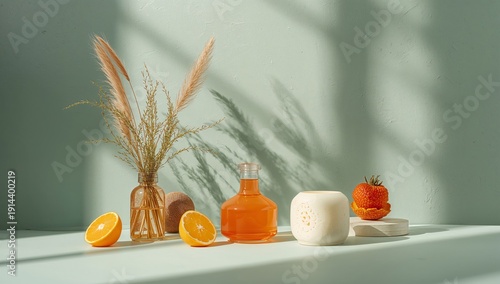 Warm Light Shines on Orange Juice, Fruit, and a Plant in a Simple Setting