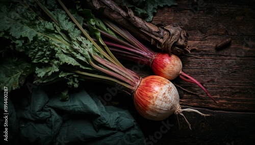 Fresh Vegetables on Rustic Wooden Surface Showing Onions and Beets With Green...