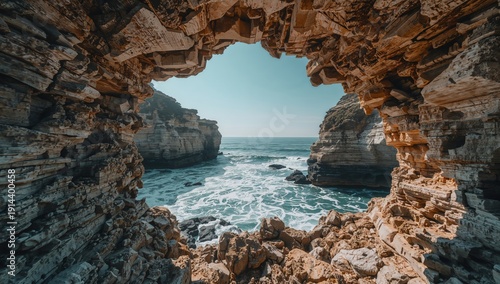 View From a Rocky Arch Towards the Ocean and Waves on a Sunny Day Near a Coas...