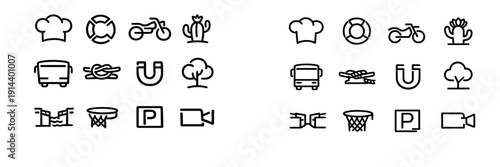 Set of black line icons featuring a chef hat motorcycle bus tree magnet cactus basketball hoop and parking sign on white background