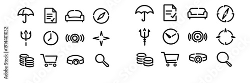 Minimalist black line icons set featuring umbrella document sofa compass trident clock webcam coins shopping cart and magnifying glass
