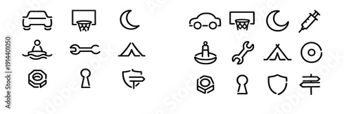 Minimalist black line icons featuring car basketball hoop moon syringe buoy wrench tent disc nut keyhole shield and signpost on white
