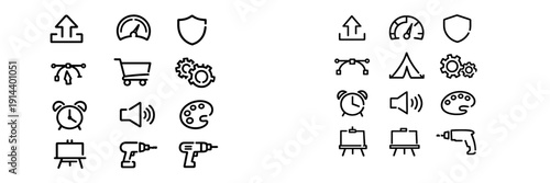Set of black line icons featuring upload symbol speedometer shield pen tool shopping cart gears alarm clock speaker palette easel and drill