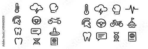 Set of diverse line icons including weather sports transportation health and travel symbols on white background