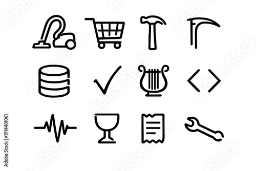 Collection of minimalist black line icons representing household chores shopping tools music and technology on a white background