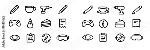 Minimalist line icon set featuring pencil coffee cup drill gamepad compass cake slice document eye clipboard and goggles on white background