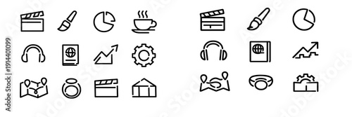Set of black line icons representing various categories including business travel entertainment and creative arts on white background