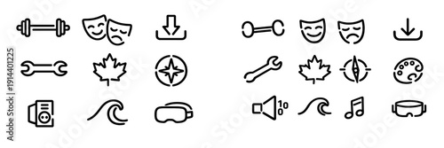 Minimalist black line icon set featuring barbell theater masks download wrench maple leaf compass wave and virtual reality goggles