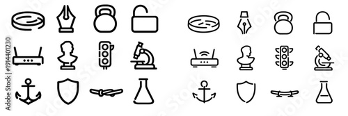 Collection of minimalist black outline icons featuring science equipment fitness gear security symbols and nautical elements on white