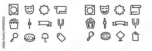 Minimalist black and white line icon set featuring washing machine theater mask gear scroll popcorn ribbon key and tags on white background