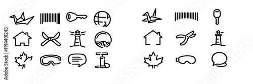 Minimalist black line icons including origami crane barcode key globe house garden shears lighthouse mountain maple leaf and goggles
