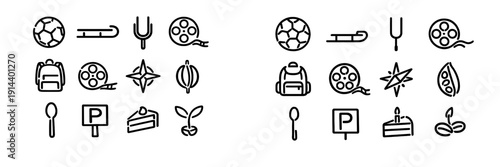 Collection of minimalist line icons featuring sports equipment food items and everyday objects on white background