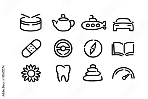 Minimalist black line icon set with various symbols like car submarine teapot drum bandage compass book flower tooth and speedometer