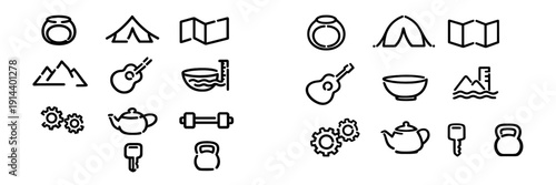 Collection of black line icons representing outdoor activities, fitness equipment, music instruments