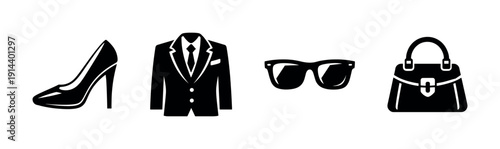 Fashion icons: heels, suit, sunglasses, and handbag, flat vector illustration
