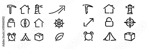 Minimalist hand drawn line icons set including house lighthouse compass tent and alarm clock on white background