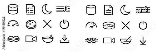 Minimalist black line icon set with database checklist moon music notes speedometer petri dish power button knot video camera bowl download