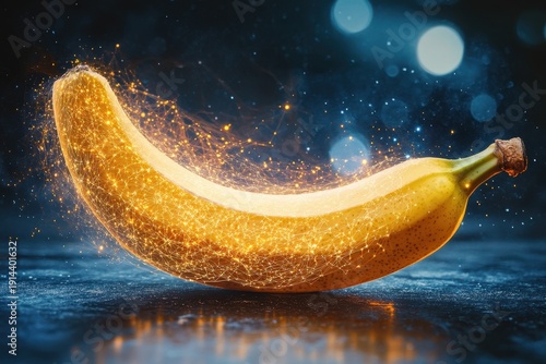 Sparkling banana on a reflective surface surrounded by a magical glow at twilight