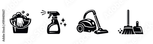 Cleaning tools icons: bucket, spray, vacuum, and broom, flat vector illustration
