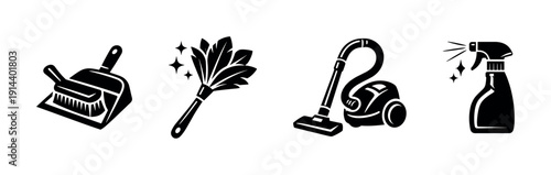 Cleaning tools set icons: broom, duster, vacuum, spray bottle, flat vector illustration