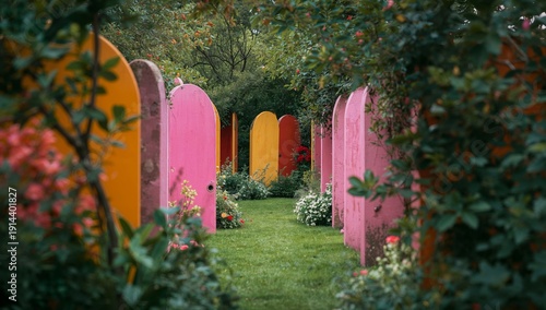 Colorful Doors Stand in a Garden Creating a Unique Pathway for Visitors in a ...