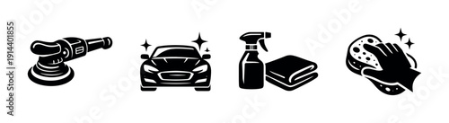 Car detailing tools and supplies icons, flat vector illustration