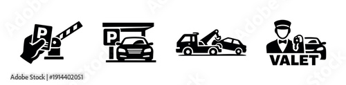 Parking icons set: ticket, garage, towing, valet - flat vector illustration