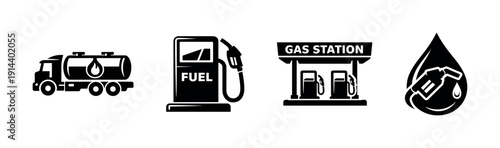 Fuel truck and gas station icons in black and white, flat vector illustration