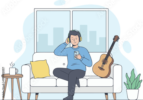 Male Musician Playing Guitar Flat Character Vector Design