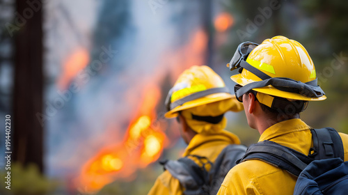 Faceless firefighters suppressing wildfire, forest fire response, natural disaster emergency, defocused flames, with copy space