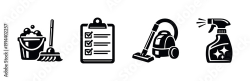 Cleaning tools and checklist icons, flat vector illustration