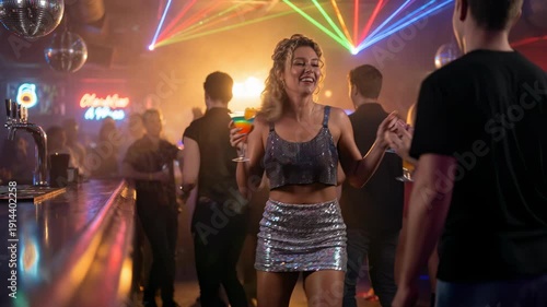 Blonde young woman in a dress dancing with a tropical drink in a nightclub, smiling and positive, vibrant party atmosphere, warm colors, fun vacation and holiday mood
