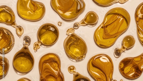 Drops of Amber Liquid on a Light Surface Show Various Shapes and Sizes of Fluid