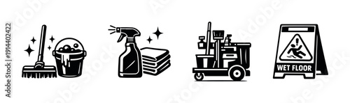 Cleaning equipment icons set in black and white, flat vector illustration