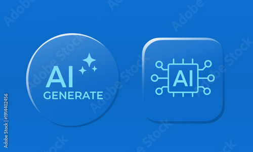 Glossy transparent generative AI icons button. Artificial intelligence concept. Web user interface element design