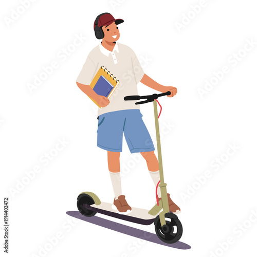 Guy cartoon character riding electric scooter enjoying student life isolated full length portrait