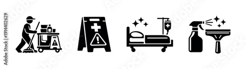Cleaning and maintenance icons with hospital bed and caution sign, flat vector illustration