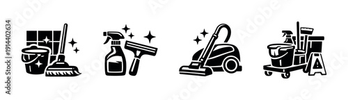Cleaning tools and equipment icons, flat vector illustration