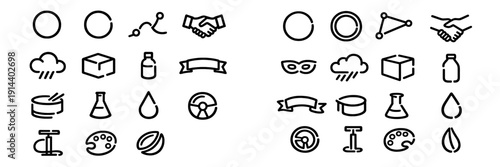 Minimalist black outline icons set featuring business handshake science flask weather cloud and nature symbols on white background