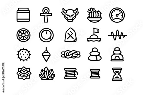 Collection of diverse black line icons featuring mystical symbols nature elements and technical objects on a white background