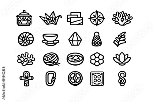 Collection of diverse hand drawn minimalist icons featuring nature elements travel symbols and everyday objects on white background