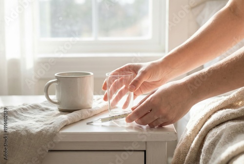 A person at a bedside table picking up a glass of water, with a thermometer and mug nearby.